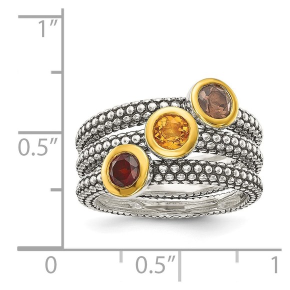 925 SS Gold-plated Antiqued Garnet Citrine Smoky Quartz 3 Stackable Rings - Picture 4 of 6